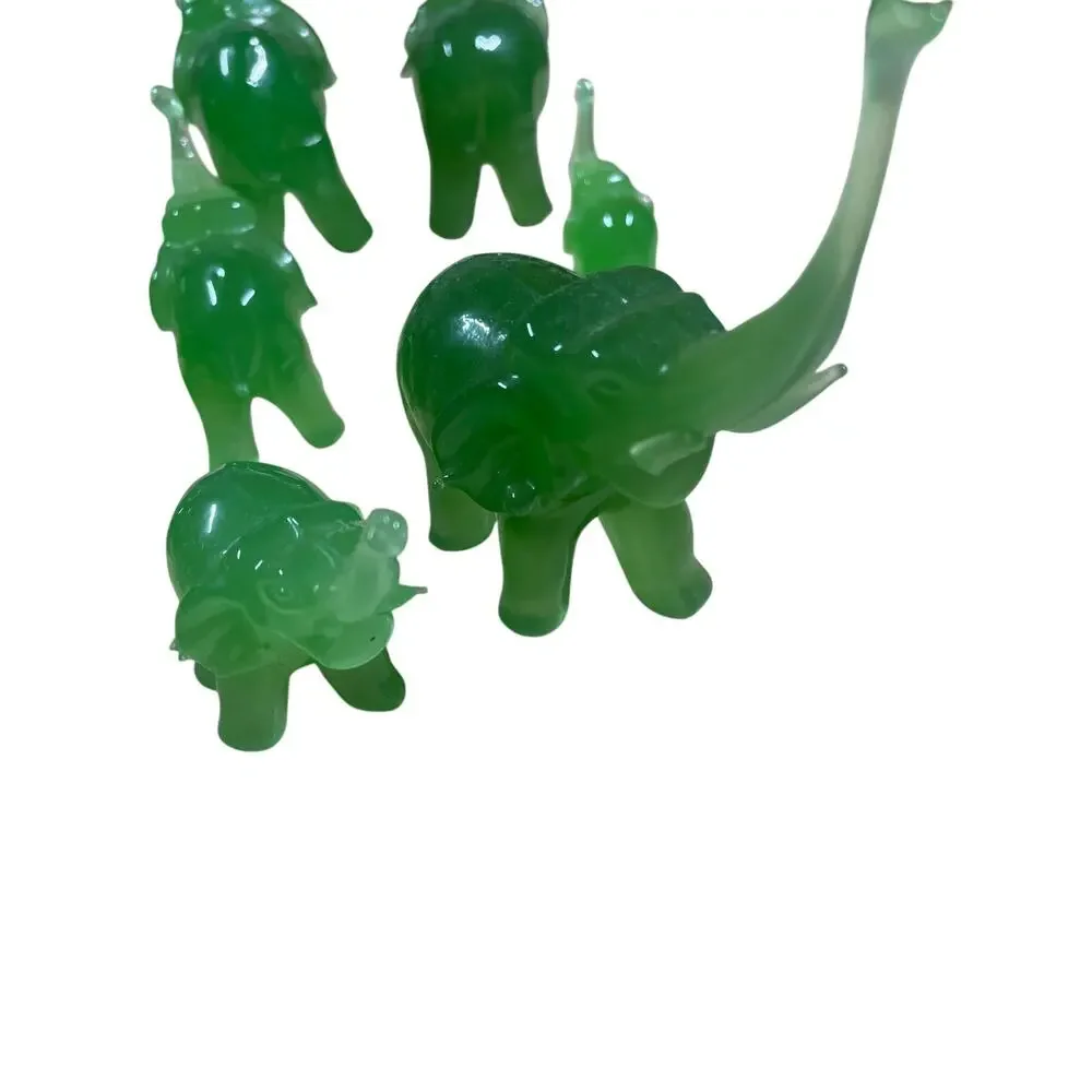 Vintage Set of 8 Green Glass Handmade Elephant Figurines Good Used Condition